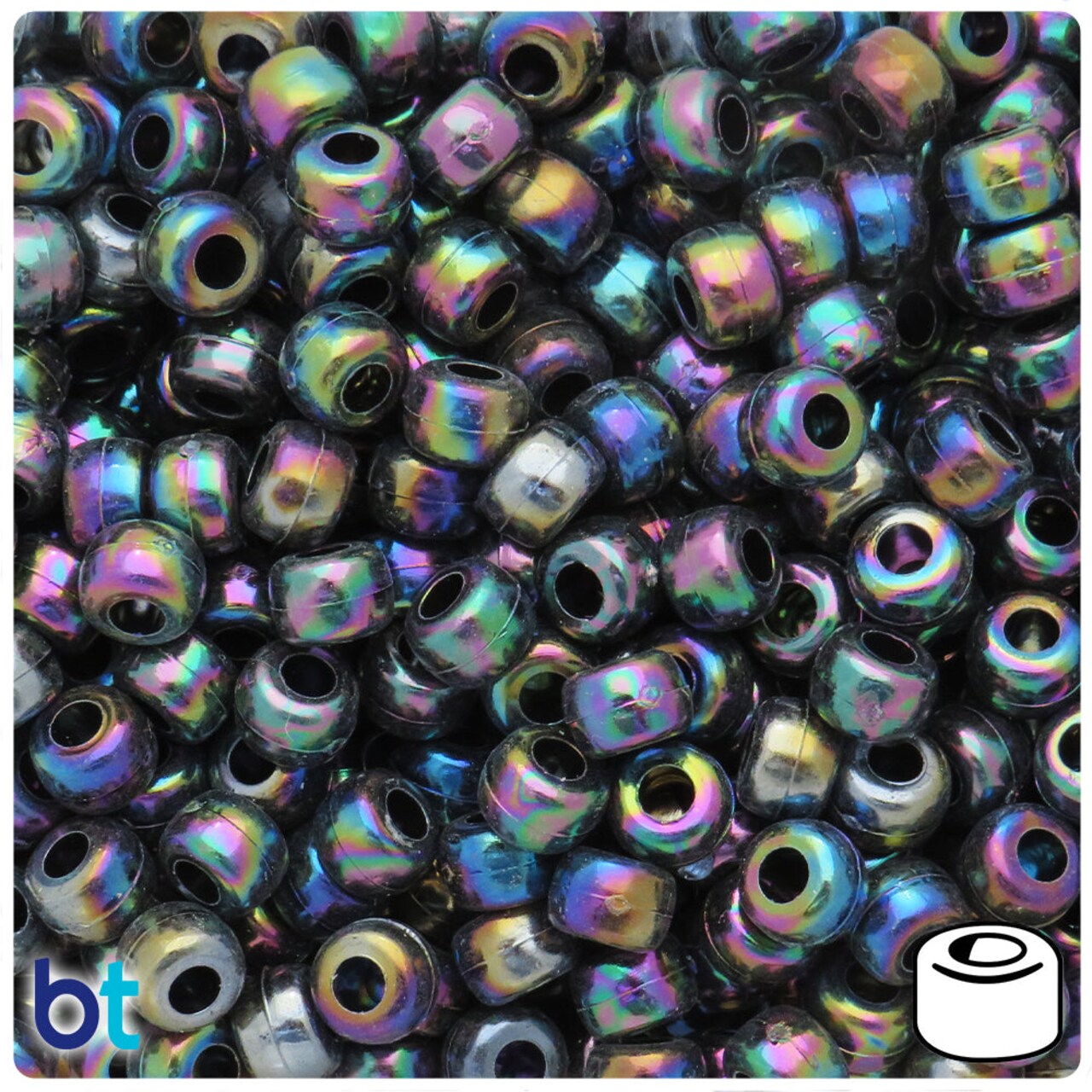 BeadTin Black Opaque AB 9x6mm Barrel Plastic Pony Beads (300pcs)